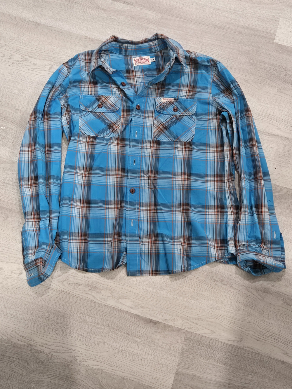 True Religion Turquoise and Brown Plaid Button-Down Shirt